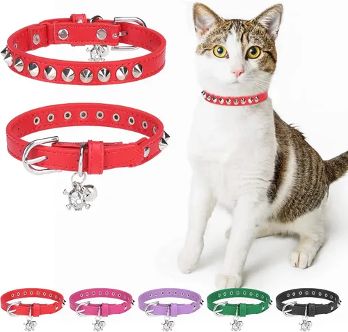 Vista 12 de Collares de cuero DILLYBUD para gatos macho y hembra con campana y cinturón elástico de seguridad, collar ajustable con hebilla de seguridad