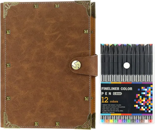 Vista 10 de Cuaderno A5 de cuero forrado con 12 marcadores, 6 anillas, planificador A5, cuaderno recargable, bloc de notas, diarios de escritura para niñas