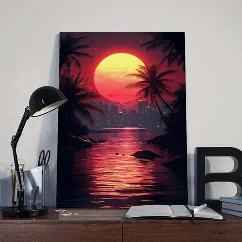 Vista 8 de ZMLIS Futuristic Vaporwave Retro Wall Art – Neon Grid Palm Trees City – Synthwave Style 80s Digital Print Canvas Wall Art Print Poster For Home