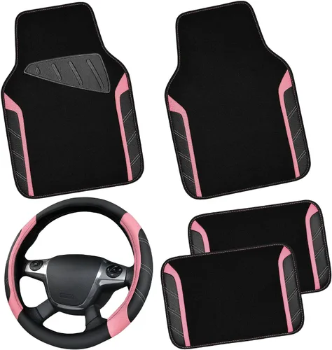 Vista 19 de CAR PASS Funda para volante de cuero y alfombrillas de coche impermeables, combo universal de microfibra para coche, diseño deportivo antideslizante