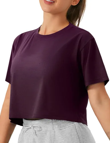 Vista 10 de THE GYM PEOPLE - Camiseta de entrenamiento para mujer, manga corta, básica, recortada, deportiva, de yoga, para correr, estilo boxy Verde militar