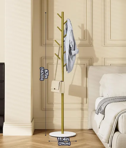 Vista 2 de Coat Stand with 8 Hooks - 3 Height Adjustable - Modern Metal Clothes Rack with Sintered Stone Base for Office & Bedroom - Ideal for Coats, Hats and