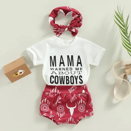 Vista 2 de Mandizy Ropa para bebé recién nacida, ropa de verano con estampado de vaquera occidental, camiseta de manga corta, pantalones cortos con diadema, 3