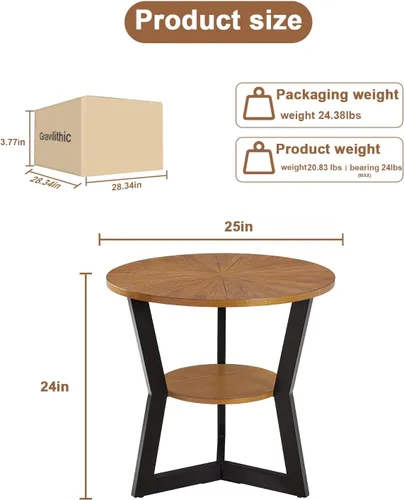 Vista 2 de Mesa auxiliar, mesa auxiliar redonda de madera para sala de estar con mesa de 2 niveles con estante de almacenamiento, diseño de soporte triangular