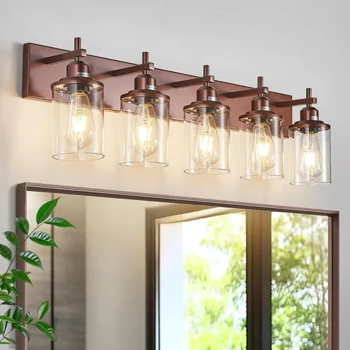 Vista 8 de Lanhall Lámpara de baño de 3 luces, estilo granja, vintage, sobre espejo, de metal pintado en madera y negro con pantalla de cristal, enchufe E26