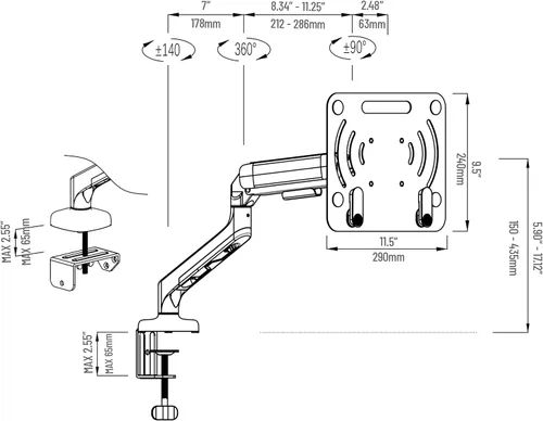 Vista 3 de Mind Reader Soporte de escritorio para laptop con resorte de gas, se adapta a laptops o monitores de 11.6 a 17.3 pulgadas, rotación de 180°