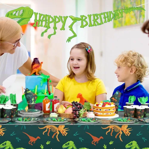 Vista 7 de Uiifan 171 piezas de decoraciones de cumpleaños de dinosaurios con platos de cumpleaños de dinosaurios, vasos de papel, manteles, servilletas