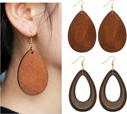 Vista 2 de Wowanoo Pendientes de madera natural con forma de lágrima, geométricos, ligeros, para mujer