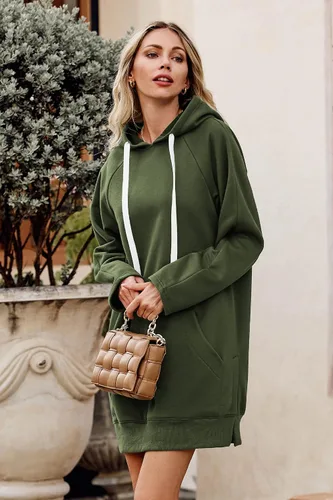 Vista 9 de PRETTYGARDEN Vestido de manga larga con capucha y dobladillo dividido para mujer con bolsillo canguro