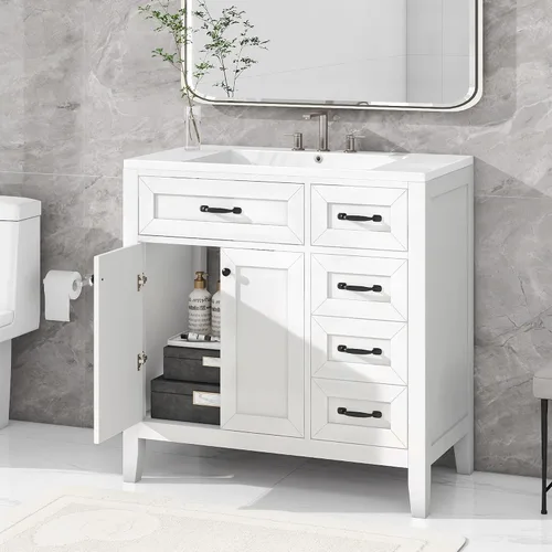 Vista 10 de Runboll Armario de tocador de baño de 36 x 18 pulgadas con parte superior del fregadero, juego de lavabo de baño con cajón y 3 agujeros para grifo