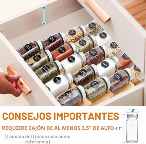 Vista 6 de Organizador de cajones de especias de bambú, 4 niveles ampliables de 13 a 26 pulgadas
