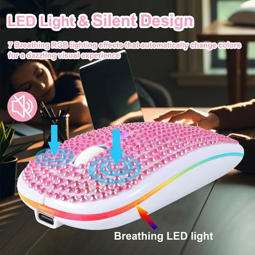 Vista 3 de Ratón inalámbrico Bluetooth lindo rosa brillante cristal Rhinestone ratón de computadora con luz LED 2.4GHz y Bluetooth Dual Mode recargable