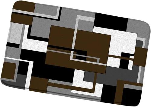 Vista 4 de Alfombra de baño geométrica azul negro, blanco y gris, abstracta minimalista de líneas geométricas de mediados de siglo, alfombra de baño, alfombra
