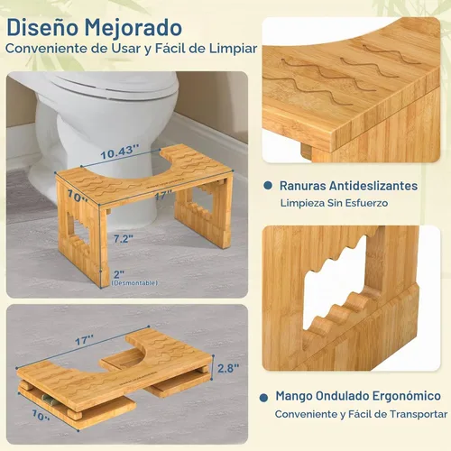 Vista 2 de KingPavonini Bamboo Toilet Stool Squat 7in & 9in Adjustable Height, Bamboo Bambú-nuevo