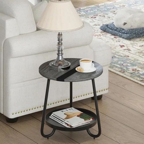 Vista 2 de Mesa de centro de 2 niveles para sala de estar, mesa de centro redonda de estilo industrial con bandeja de metal, mesa de centro pequeña de madera