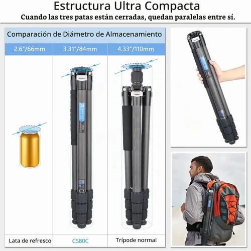 Vista 2 de ARTCISE Trípode de cámara de fibra de carbono - Trípode de viaje profesional resistente sin cabeza esférica, monopie para cámara réflex digital