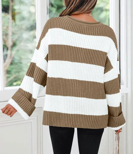 Vista 4 de ZESICA Suéter tejido sin botones de manga larga y cuello redondo, a rayas, bloques de color, cómodo, holgado, talla extragrande para mujer de 2024