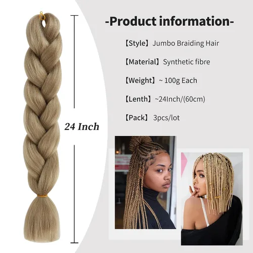 Vista 4 de Extensiones de cabello trenzado rubio natural, color rubio miel, trenzado a ganchillo, fibra sintética de alta temperatura para mujeres, 24 27#