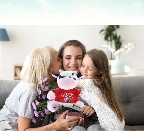 Vista 6 de DolliBu Vaca de peluche con texto en inglés "I Love You", bonito animal de peluche con camisa roja y nombre, regalo personalizado para el día de San