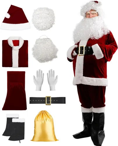 Vista 2 de BIBOSS Disfraz de Papá Noel para hombres, traje completo de Santa Claus para adultos, disfraz de Papá Noel para hombres, traje de Santa 9 piezas
