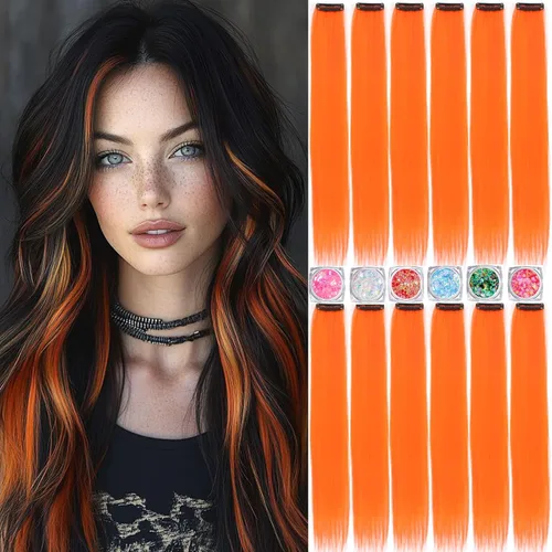 Vista 27 de Extensiones de cabello de colores, extensión de cabello liso con clip de 22 pulgadas, extensiones de cabello con brillantina multicolor arcoíris