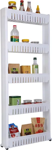 Vista 6 de Estante organizador móvil para lavandería con 5 grandes cestas de almacenamiento, diseño delgado ideal para espacios estrechos, PP, 3 niveles.