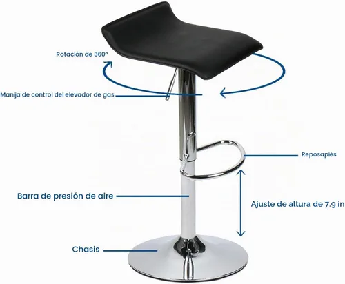 Vista 4 de Juego de 2 taburetes de bar giratorios ajustables con piel sintética y base cromada, sillas de mostrador de pub Gaslift, color negro