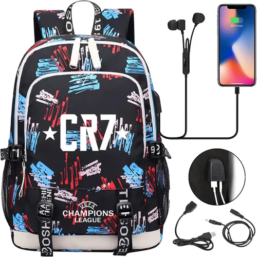 Vista 2 de Zapion Mochila para niños Cristiano Ronaldo con puerto de carga USB Soccer Star lona mochila para estudiantes de alta capacidad, color6, Mochilas