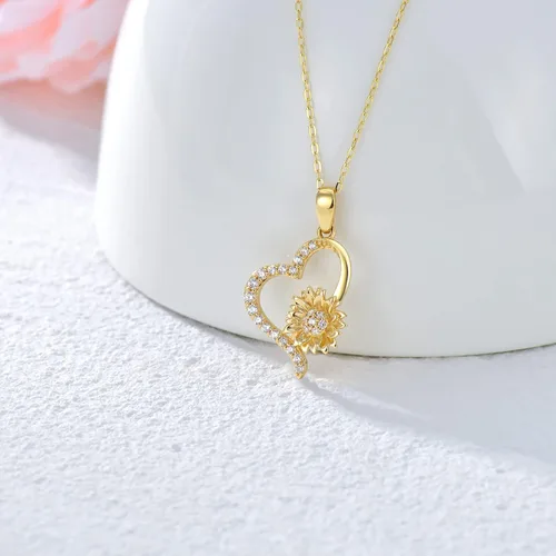 Vista 4 de SISGEM Solid 14k Gold Sunflower Heart Necklace for Women, Real Gold Flower Necklace You are May Sunshine Necklace Fine Jewelry Gifts for Wife