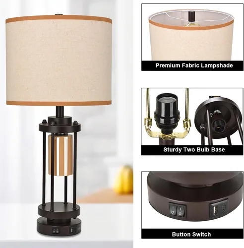 Vista 7 de Juego de 2 lámparas de mesa de granja para sala de estar, lámpara rústica para mesitas de noche de dormitorio, lámparas de noche con puertos