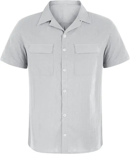 Vista 2 de Camisa casual de manga corta con botones para hombre, de lino, algodón, con solapa, color liso, con bolsillo