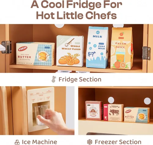 Vista 3 de ROBOTIME Refrigerador de madera para niños, refrigerador de cocina de juguete para niños pequeños, refrigerador de juguete con máquina de hielo