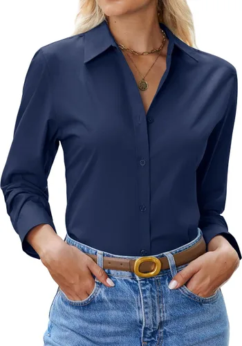 Vista 19 de siliteelon Camisa con botones para mujer: camisa de vestir con cuello de manga larga de algodón con botones, blusa de trabajo y oficina