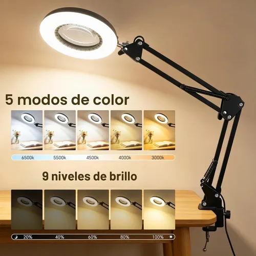 Vista 3 de Akynite Lupa 12X con luz y soporte, 5 colores 9 niveles regulables