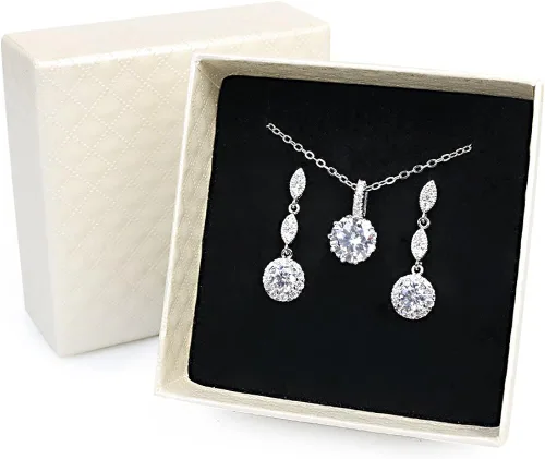 Vista 2 de Collar de moda para mujer, pendientes de circonio cúbico de corte redondo, collar colgante y pendientes (blanco)