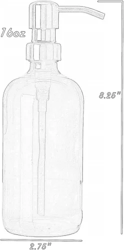 Vista 4 de despachador de jabón de vidrio transparente con bomba de bronce. Botella de 16 oz de vidrio transparente.