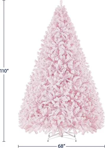 Vista 3 de Yaheetech Árbol de Navidad artificial preiluminado de 9 pies con luces incandescentes blancas cálidas, árbol de Navidad completo con nieve Rosa