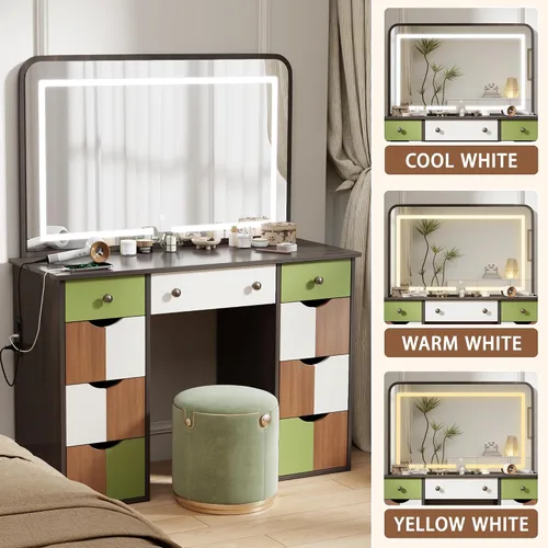 Vista 4 de wanan Escritorio de maquillaje con espejo y luces, mesa de tocador de madera con toma de corriente, escritorio de maquillaje bohemio elegante con 7