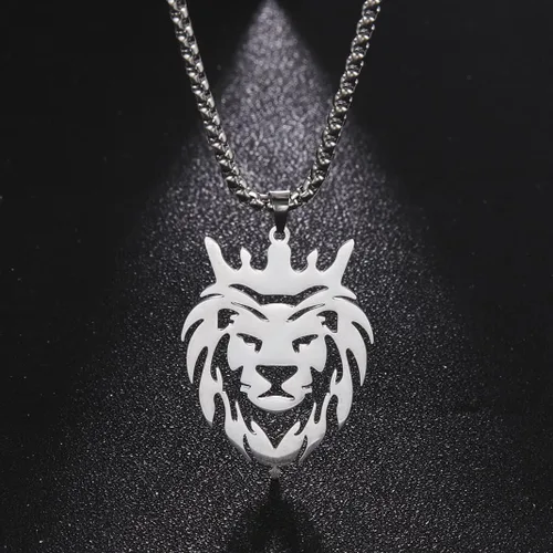 Vista 3 de UNIFT Collar de león para hombre, de acero inoxidable, estilo hueco, cabeza de león, dije de moda, dije de cabeza de león, caja de cadena, joyería