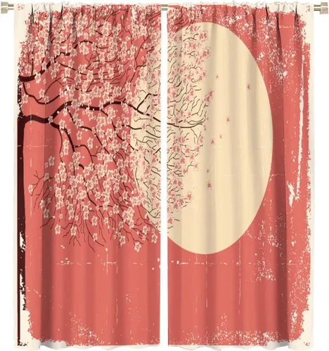 Vista 60 de Cortinas de cerezo, paisaje japonés, árbol de cerezo natural, primavera, dormitorio, sala de estar, ventana, 2 juegos de paneles, 42 x 45 pulgadas