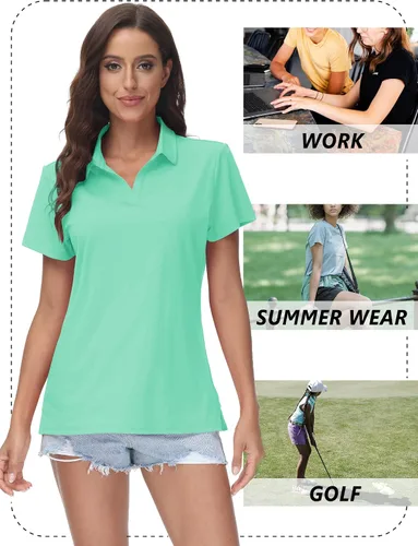 Vista 7 de TACVASEN Polo de manga corta con cuello en V para mujer, con protección solar UPF 50+, secado rápido, para golf