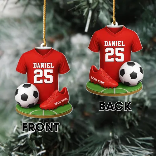 Vista 2 de Adorno de fútbol personalizado, adorno 2D de Navidad de fútbol, decoración del árbol de Navidad para jugadores y fanáticos del fútbol, adornos Ds1