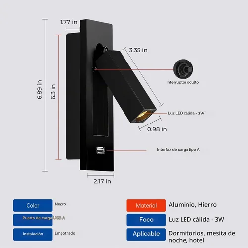 Vista 3 de Luz de lectura montada en la pared con USB, luz LED de lectura de cabecera con interruptor, luces de lectura empotradas ajustables para cabecero