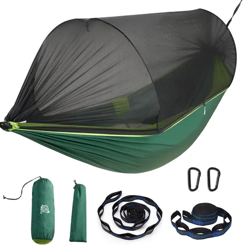Vista 10 de Miztli Hamaca de camping – Hamaca portátil con amplia red y correas de árbol con bucles ajustables, hamaca doble e individual para exteriores