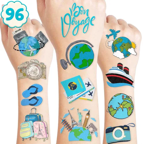 Vista 8 de Tatuajes temporales de viaje, Bon Voyage, suministros de fiesta de cumpleaños, recuerdos, decoraciones de aventura espera viajes por el mundo, súper
