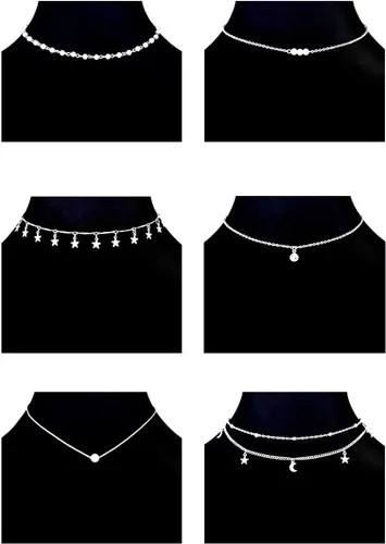 Vista 2 de 12 piezas Collar de Cadena con Cuentas Doradas Moneda Luna Estrella Colgante de Perla Cadena Gargantilla Collar Multicapa Cordón de Cuero Conjunto