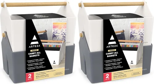 Vista 7 de ARTEZA Organizador portátil de plástico para manualidades, paquete de 2, gris y marfil, cesta de plástico de 3 secciones con asa, organizador