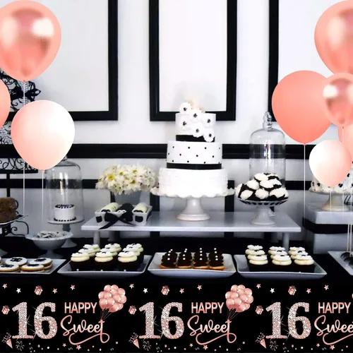 Vista 6 de Paquete de 3 manteles decorativos de cumpleaños dulce 16 para niñas, cubierta de mesa con temática de feliz cumpleaños dieciséis en oro rosa