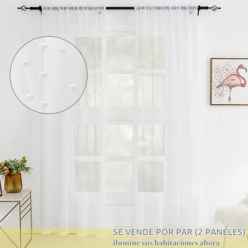 Vista 5 de Cortinas traslúcidas blancas de gasa con perlas blancas, paneles de tratamiento de ventanas, hermosas cortinas de gasa elegantes para sala de estar