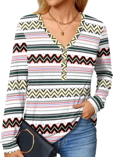 Vista 2 de BISHUIGE Camisetas de manga larga con botones para mujer, túnica Henley con cuello en V, sudadera casual